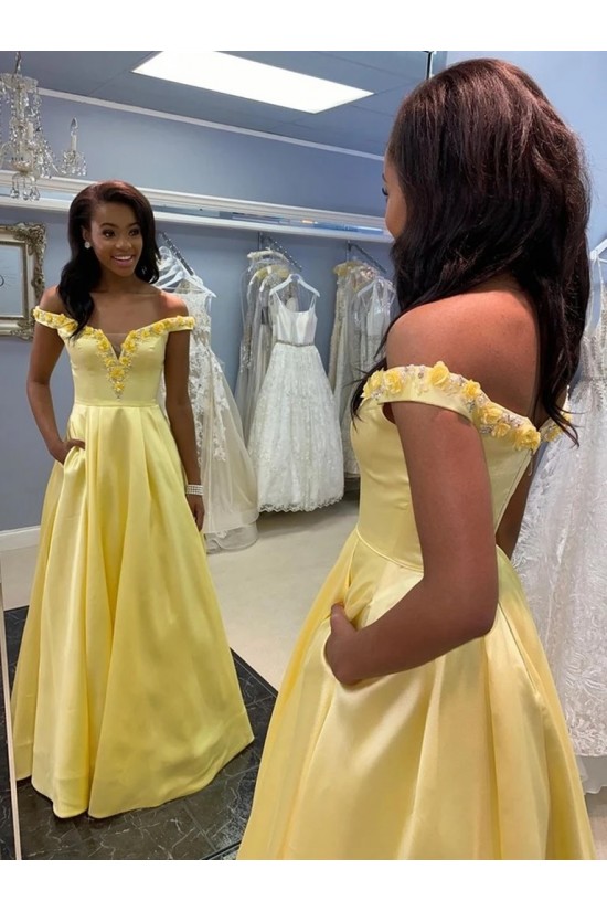 A-Line Long Yellow Satin Prom Dresses Formal Evening Gowns with Pockets 901019 A-Line Long Yellow Satin Prom Dresses Formal Evening Gowns with Pockets 901019