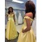 A-Line Long Yellow Satin Prom Dresses Formal Evening Gowns with Pockets 901019