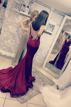 Mermaid Backless Long Prom Dresses Formal Evening Gowns 901021