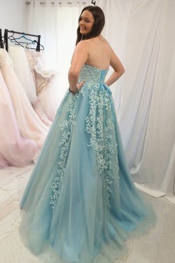 Long Strapless Tulle Prom Dresses Formal Evening Gowns with Lace Appliques 901022