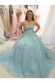 Long Strapless Tulle Prom Dresses Formal Evening Gowns with Lace Appliques 901022 Long Strapless Tulle Prom Dresses Formal Evening Gowns with Lace Appliques 901022