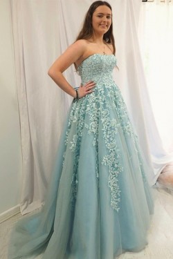 Long Strapless Tulle Prom Dresses Formal Evening Gowns with Lace Appliques 901022