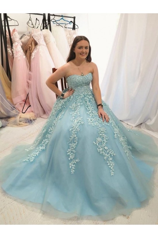 Long Strapless Tulle Prom Dresses Formal Evening Gowns with Lace Appliques 901022 Long Strapless Tulle Prom Dresses Formal Evening Gowns with Lace Appliques 901022