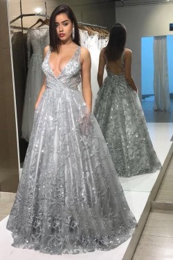 A-Line V Neck Lace Long Prom Dresses Formal Evening Gowns 901023