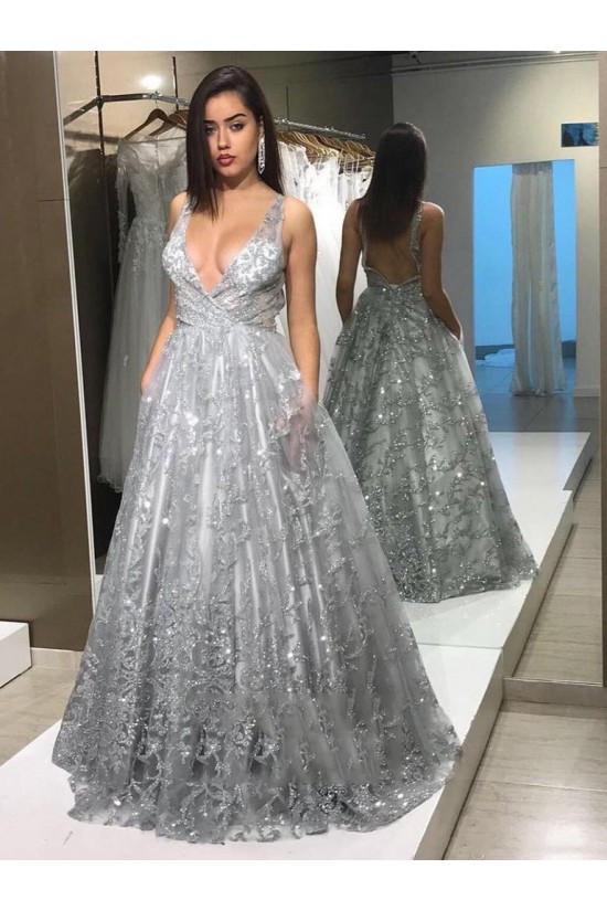 A-Line V Neck Lace Long Prom Dresses Formal Evening Gowns 901023 A-Line V Neck Lace Long Prom Dresses Formal Evening Gowns 901023