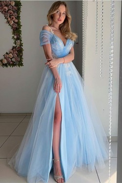 Long Blue Tulle Prom Dresses Formal Evening Gowns with Lace Appliques 901026