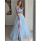 Long Blue Tulle Prom Dresses Formal Evening Gowns with Lace Appliques 901026