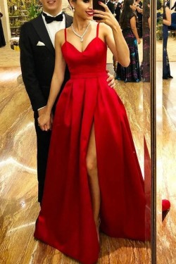 Long Red Satin Prom Dresses Formal Evening Gowns 901027