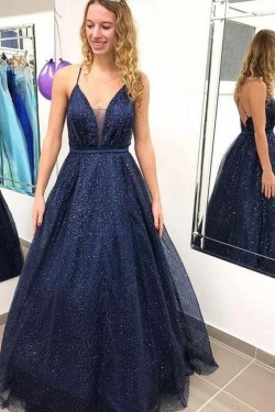 Sparkle Tulle Long Navy Blue Prom Dresses Formal Evening Gowns 901028