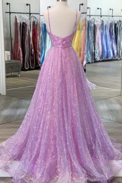 A-Line Sparkly Tulle Long Prom Dresses Formal Evening Gowns 901030