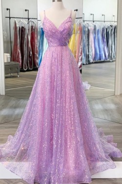 A-Line Sparkly Tulle Long Prom Dresses Formal Evening Gowns 901030