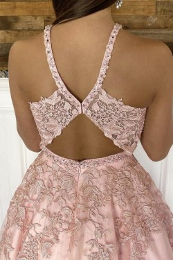 Long Pink Lace and Satin Prom Dresses Formal Evening Gowns 901031