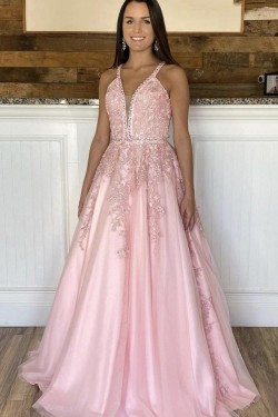 Long Pink Lace and Satin Prom Dresses Formal Evening Gowns 901031