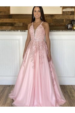 Long Pink Lace and Satin Prom Dresses Formal Evening Gowns 901031