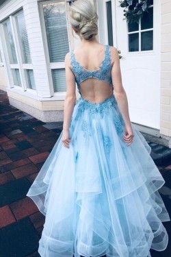 Long Blue Lace and Tulle Prom Dresses Formal Evening Gowns 901032