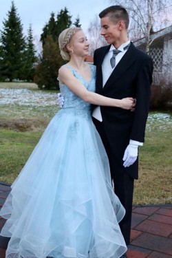 Long Blue Lace and Tulle Prom Dresses Formal Evening Gowns 901032