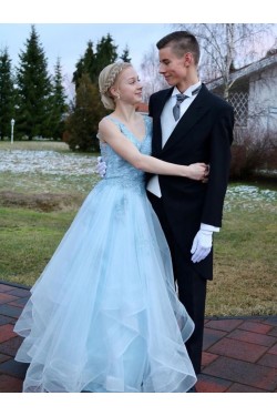 Long Blue Lace and Tulle Prom Dresses Formal Evening Gowns 901032