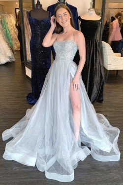 A-Line Tulle Long Beaded Prom Dresses Formal Evening Gowns 901034