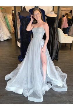 A-Line Tulle Long Beaded Prom Dresses Formal Evening Gowns 901034