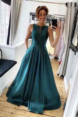 Long Satin Prom Dresses Formal Evening Gowns with Pockets 901035