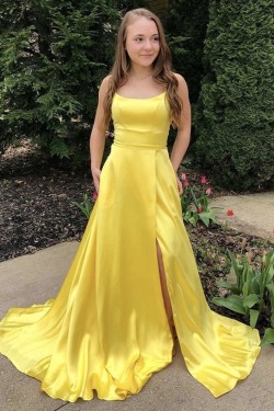 Long Yellow Prom Dresses Formal Evening Gowns with Slit 901037
