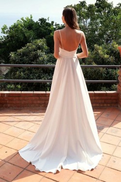 Simple White V Neck Long Prom Dresses Formal Evening Gowns 901039