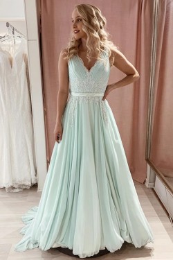 A-Line Chiffon and Lace Long Prom Dresses Formal Evening Gowns 901041