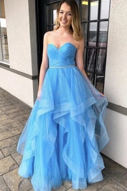 Long Blue Sparkly Tulle Prom Dresses Formal Evening Gowns 901045