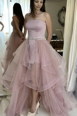 High Low Strapless Tulle Prom Dresses Formal Evening Gowns with Beads 901050