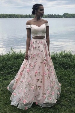 Long Pink Two Pieces Embroidered Prom Dresses Formal Evening Gowns 901051