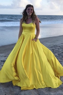 Long Yellow Strapless Satin Prom Dresses Formal Evening Gowns 901052
