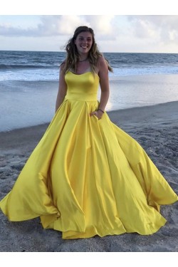 Long Yellow Strapless Satin Prom Dresses Formal Evening Gowns 901052