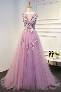 A-Line Tulle and Lace Long Prom Dresses Formal Evening Gowns 901055
