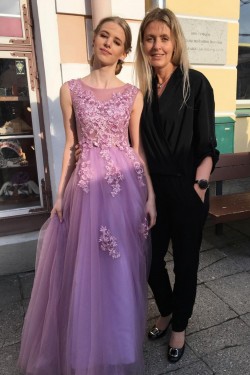 A-Line Tulle and Lace Long Prom Dresses Formal Evening Gowns 901055