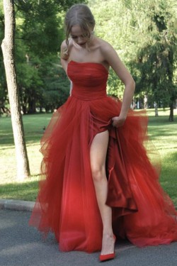 A-Line Strapless Tulle Long Prom Dresses Formal Evening Gowns 901056