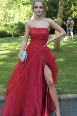 A-Line Strapless Tulle Long Prom Dresses Formal Evening Gowns 901056
