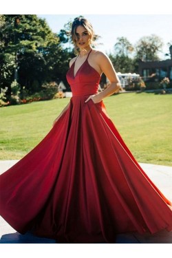 A-Line V Neck Satin Long Prom Dresses Formal Evening Gowns 901057