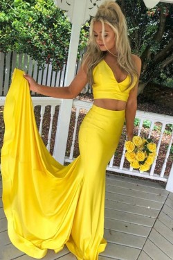 Mermaid Two Pieces Long Yellow Prom Dresses Formal Evening Gowns 901058