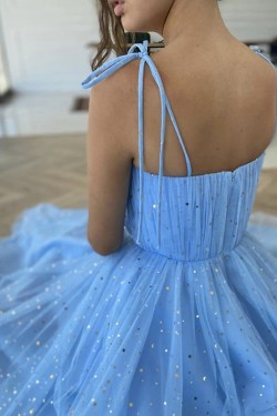 A-Line Blue Sparkle Tulle Prom Dresses Formal Evening Gowns 901059