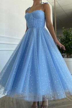 A-Line Blue Sparkle Tulle Prom Dresses Formal Evening Gowns 901059