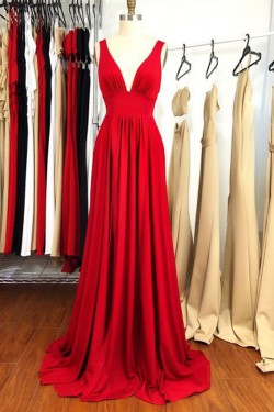Long Red V Neck Prom Dresses Formal Evening Gowns 901060