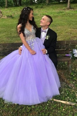 A-Line Lavender Tulle Long Beaded Prom Dresses Formal Evening Gowns 901061