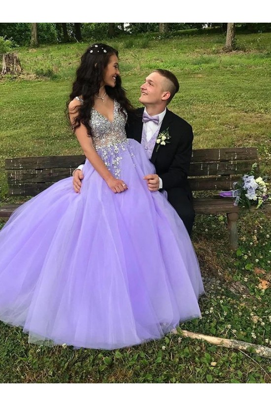 A-Line Lavender Tulle Long Beaded Prom Dresses Formal Evening Gowns 901061 A-Line Lavender Tulle Long Beaded Prom Dresses Formal Evening Gowns 901061