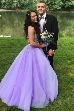 A-Line Lavender Tulle Long Beaded Prom Dresses Formal Evening Gowns 901061