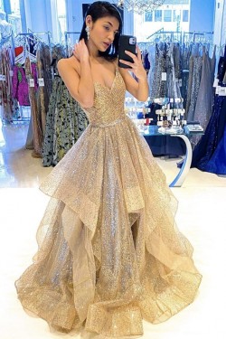 A-Line Sparkle Tulle Long Prom Dresses Formal Evening Gowns 901063