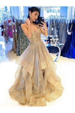 A-Line Sparkle Tulle Long Prom Dresses Formal Evening Gowns 901063