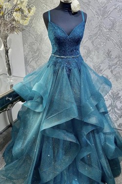 A-Line Lace and Tulle Long Prom Dresses Formal Evening Gowns 901064