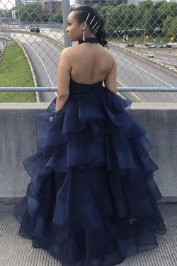 A-Line Lace and Tulle Long Navy Blue Prom Dresses Formal Evening Gowns 901065