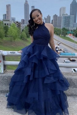 A-Line Lace and Tulle Long Navy Blue Prom Dresses Formal Evening Gowns 901065