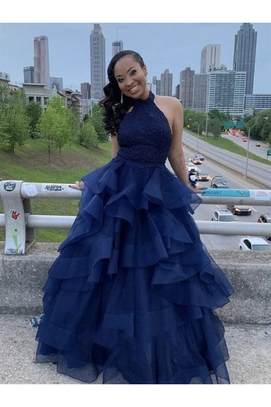 A-Line Lace and Tulle Long Navy Blue Prom Dresses Formal Evening Gowns 901065 A-Line Lace and Tulle Long Navy Blue Prom Dresses Formal Evening Gowns 901065